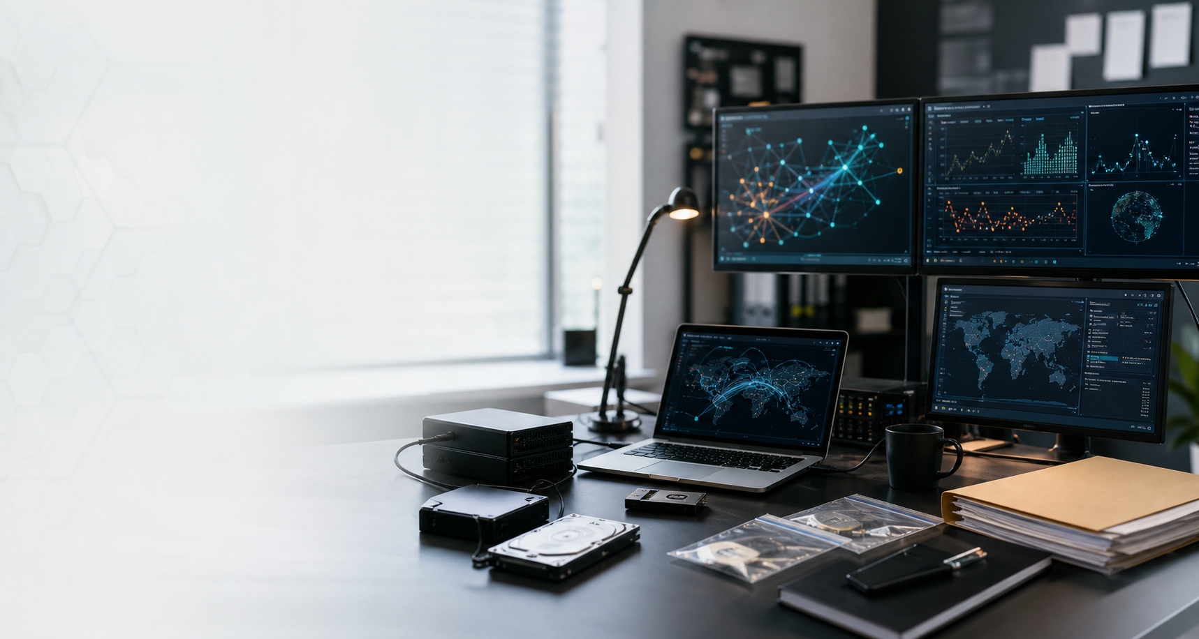 Modern digital forensics workstation with evidence drives and security dashboards